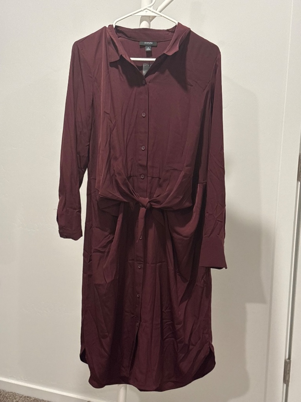 Alfani Purple Satin Long Sleeve Shirt Dress Knotted Waist- Size 10 NWT - Picture 2 of 5